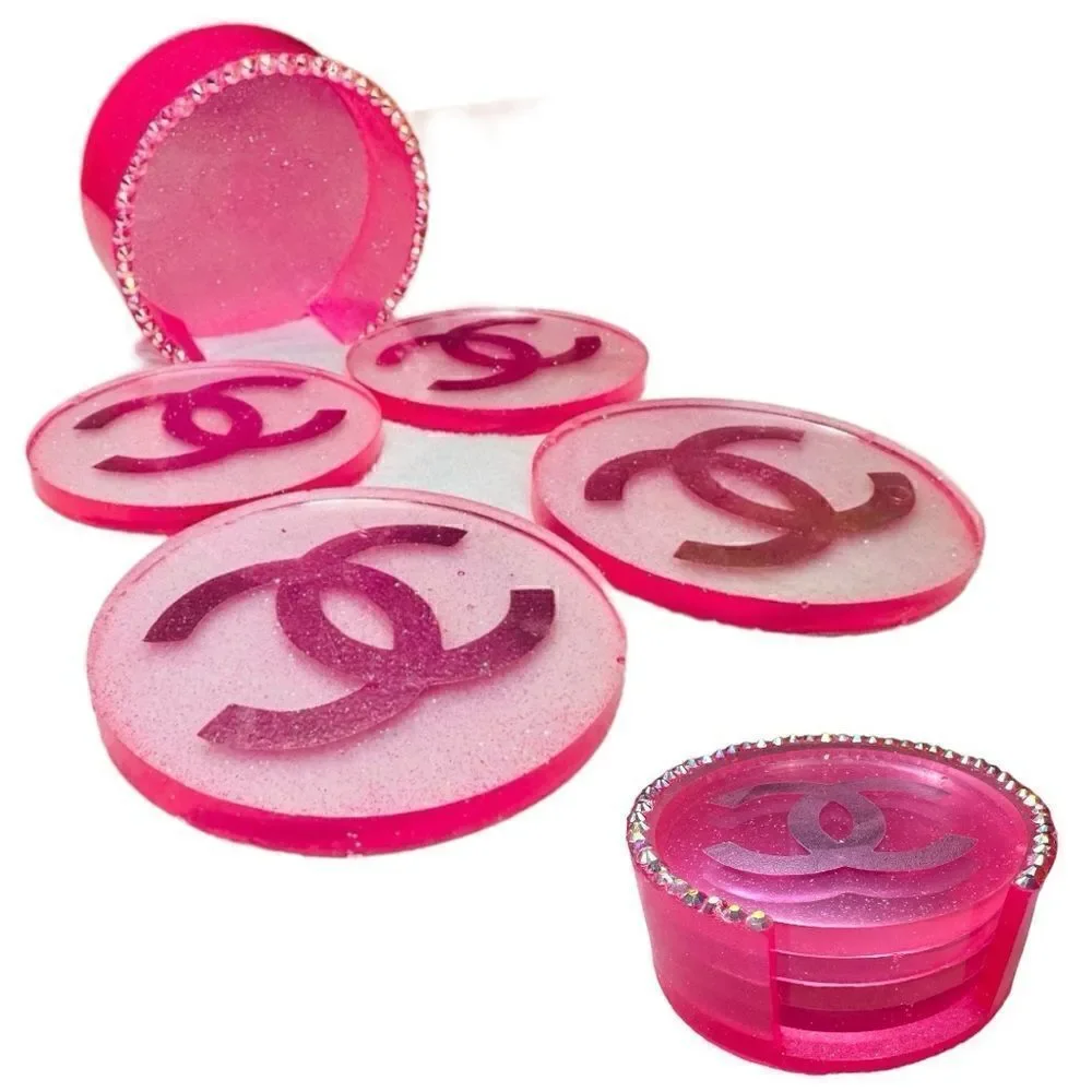 Pink Glitter Resin Coasters / Circle Shapes Handmade Resin. Ch= Monogr…